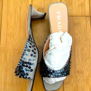 Prada Gray Sequin Embellished Slide Sandals